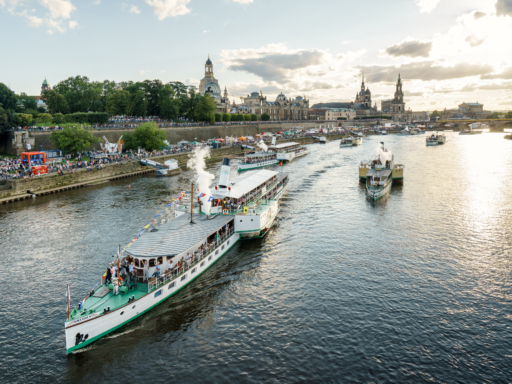 Parade of the Fleet The naval parade photographed from the Carola Bridge. All steamers give steam signals. Tens of thousands of people can be seen on the embankment and on Brühl's Terrace.