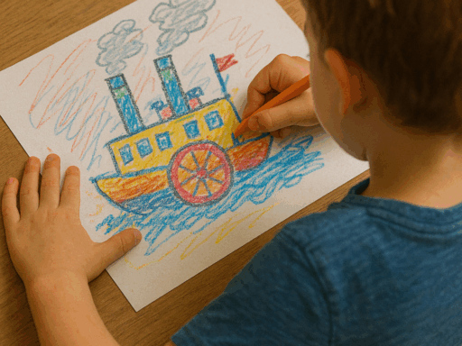 Kind malt einen Dampfer