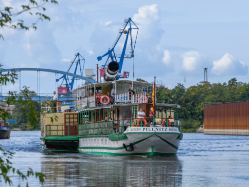 Ein Dampfer vor der Kulisse des Riesaer Hafens.