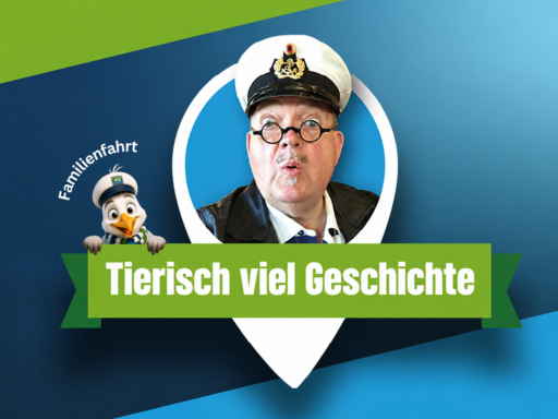 Das Bild zeigt einen Kapitän der große Augen macht, zusammen mit dem Titel der Fahrt 