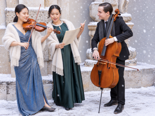 AI Modified - Winterliches Trio drei Orchestermitglieder im Schnee